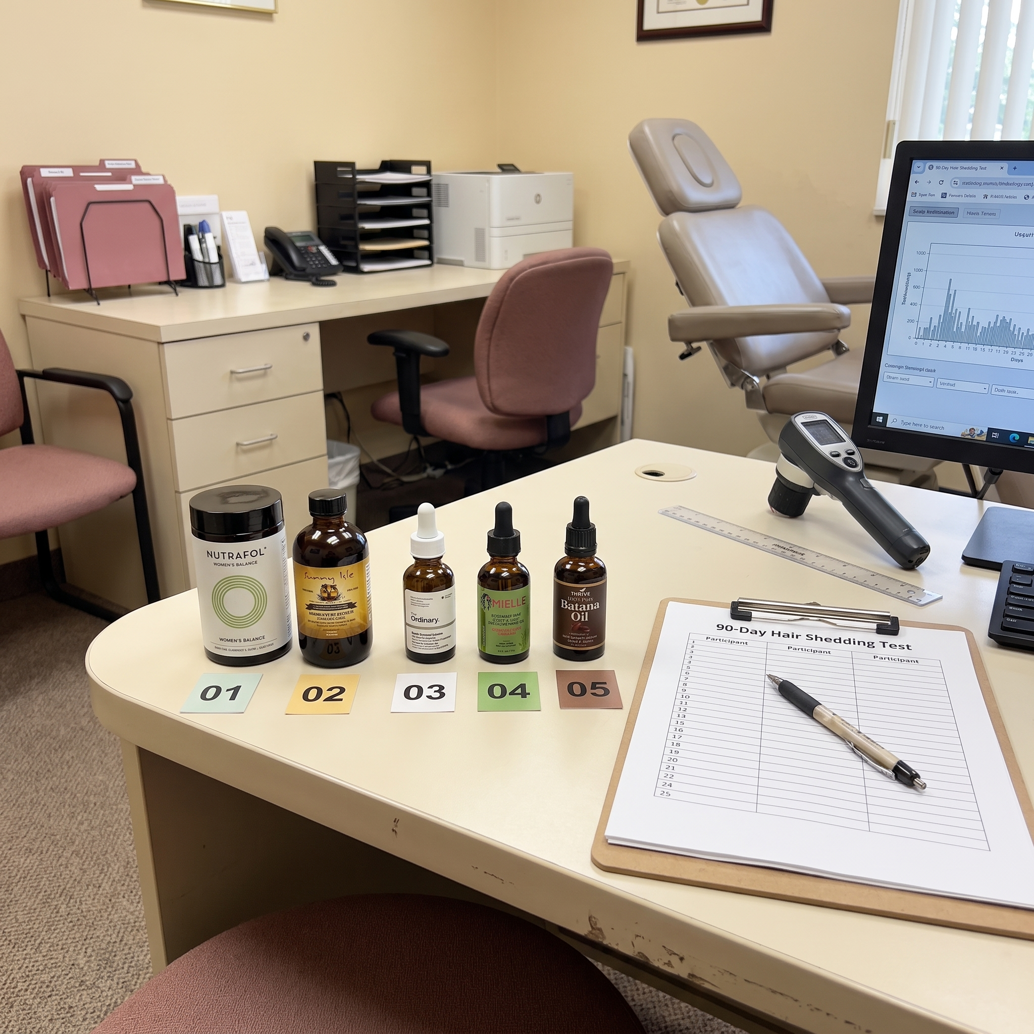 The five hair growth products tested, photographed together on a table