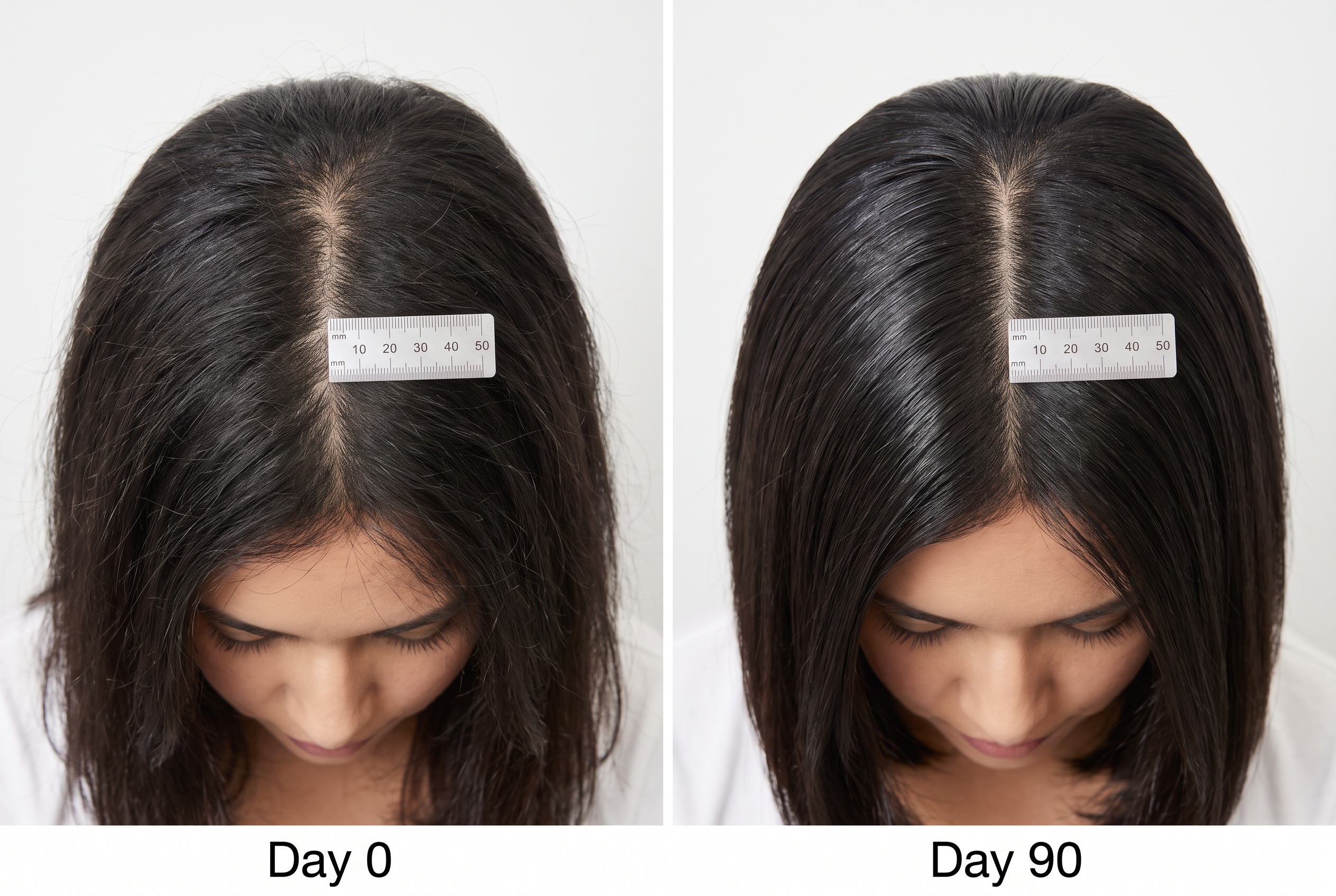 Castor oil participant at day 0 and day 90, shinier hair, identical part width