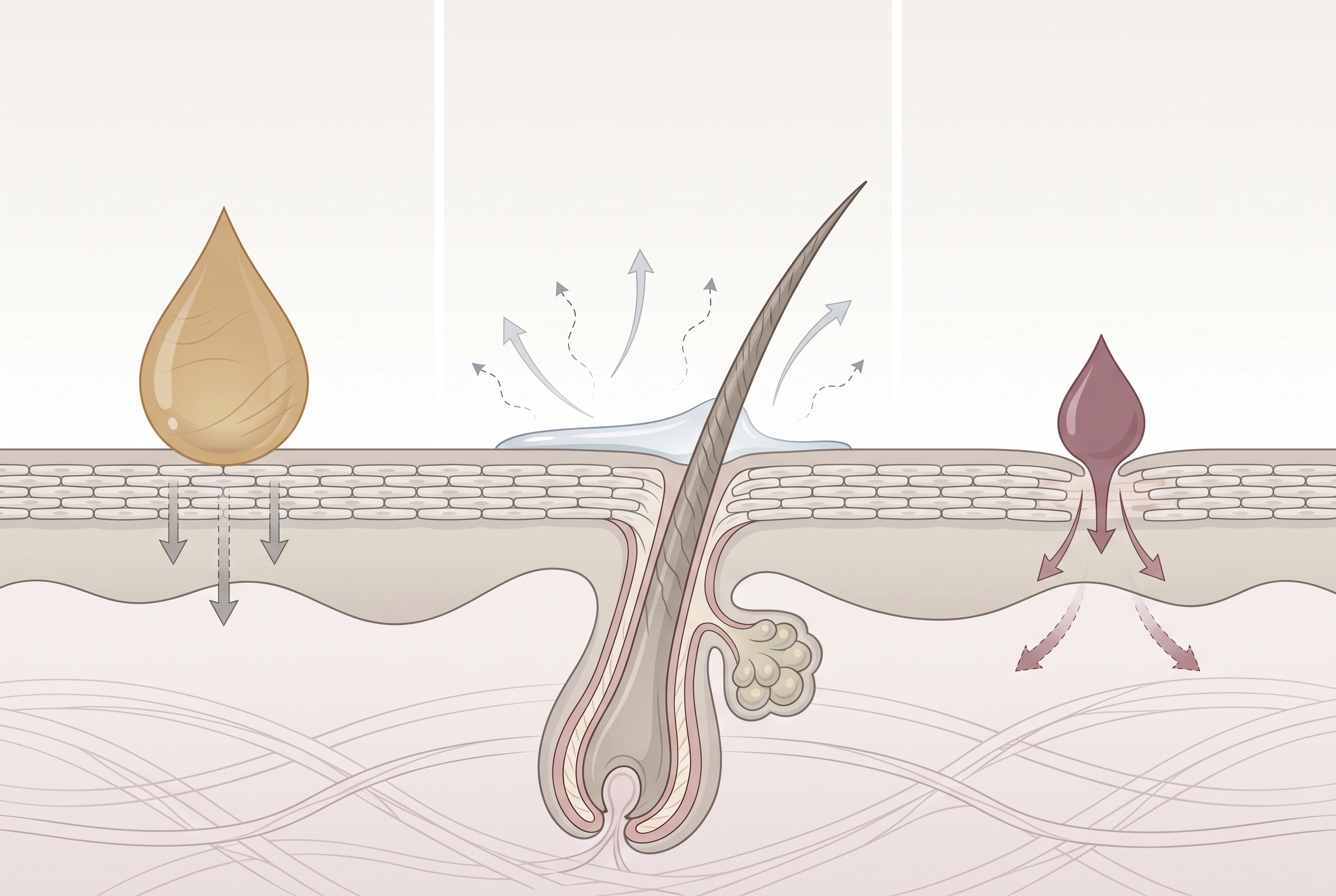 Diagram of scalp layers showing which molecules penetrate the skin and which sit on the surface