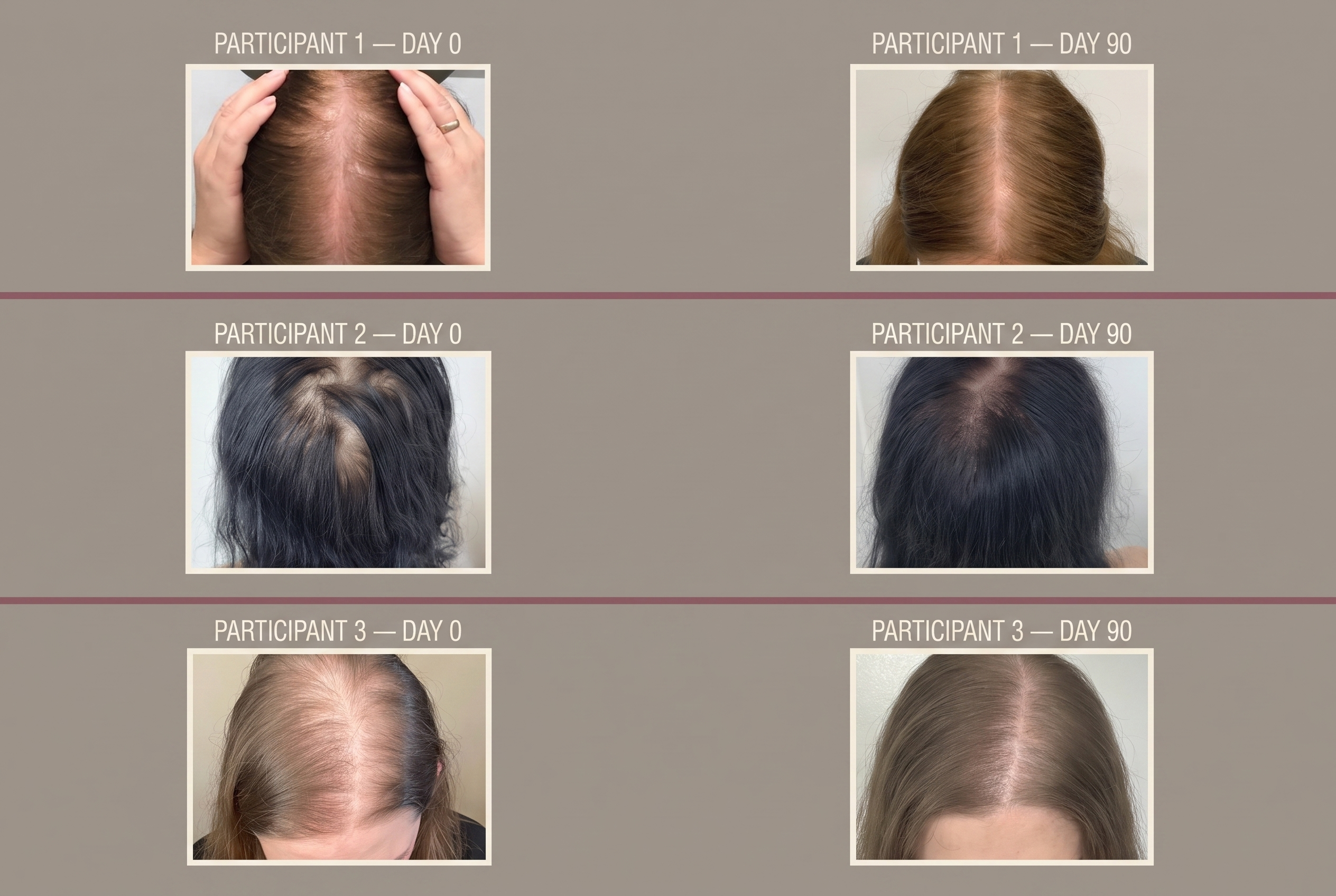 Three participants photographed at day 0 and day 90 using Thrive batana oil