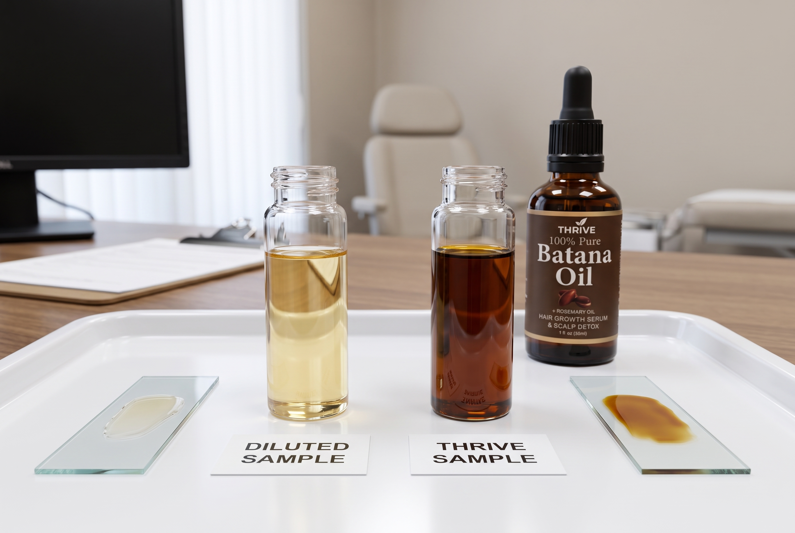Diluted batana oil beside pure batana oil in matched glass vials
