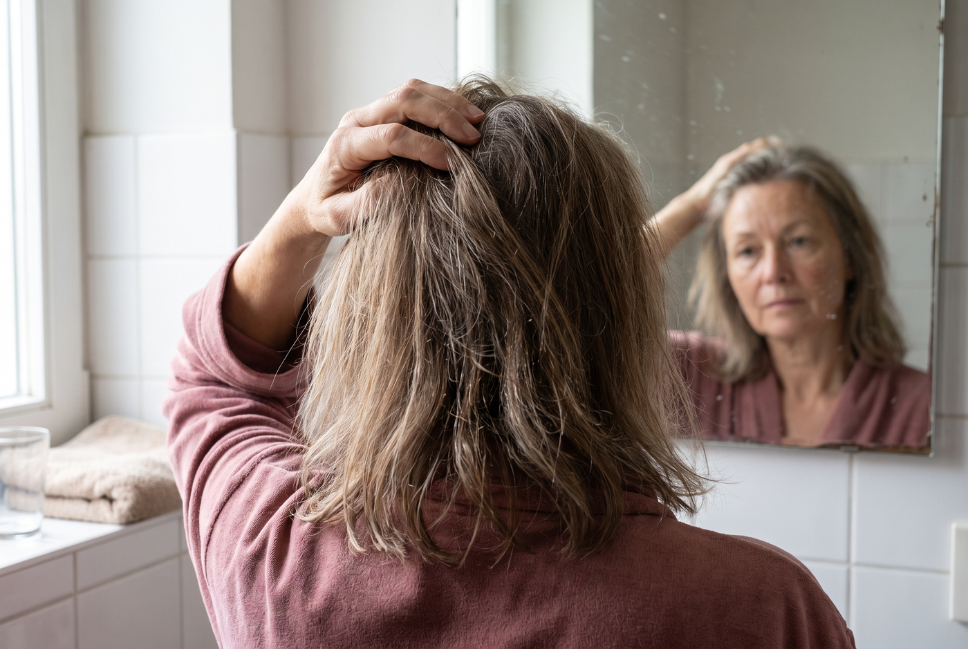 Woman checking her part in a bathroom mirror