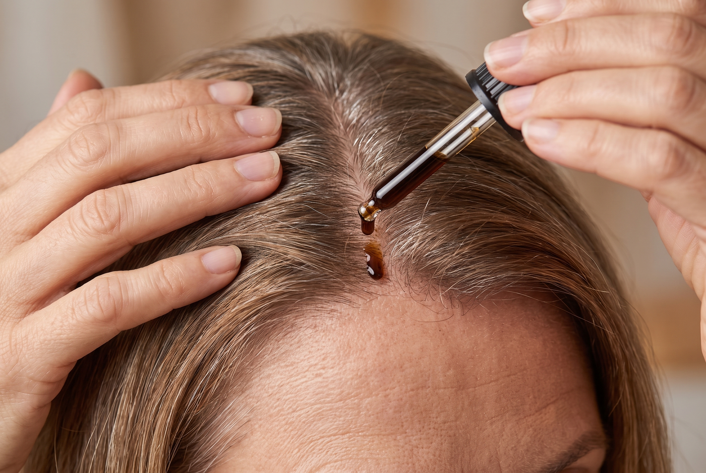 Oil applied directly to the scalp along the part